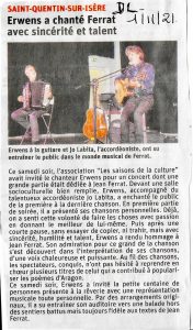 Erwens chante Jean Ferrat, article du Dauphiné Libéré le 1er novembre 2021.