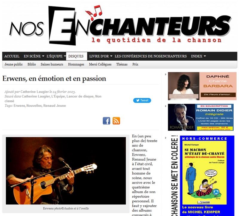 Erwens, en émotion et en passion : Article du site Nos Enchanteurs, le quotidien de la chanson